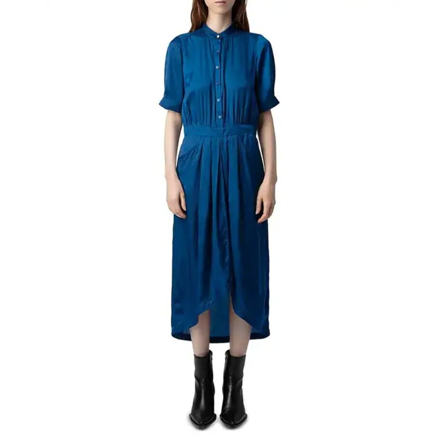 Zadig & Voltaire Rima Satin Midi Dress Blue Star Button Size Small